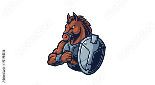 A muscular horse, armored and ready for battle, holds a shield. Depicted in a cartoon style