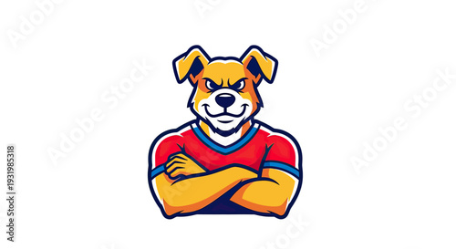 A stylized illustration of a dog character with crossed arms, wearing a jersey