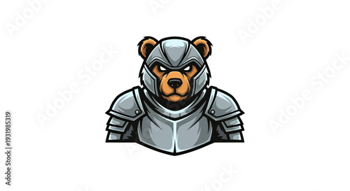 Illustration of a bear wearing knight armor, with a fierce expression. Against a white background