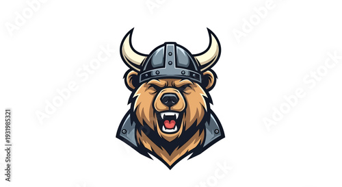 A fierce bear wearing a Viking helmet, roaring with open mouth. Vector illustration on white