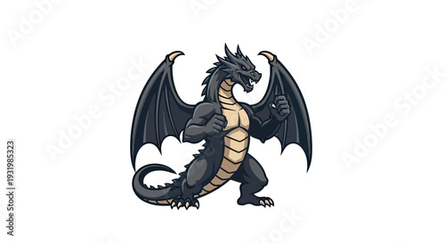 A stylized dragon with dark gray scales, large wings, and red eyes stands in a ready pose