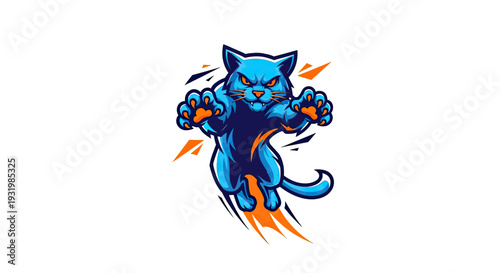 Blue cartoon cat in aggressive pose, jumping, claws out with orange details and white bg