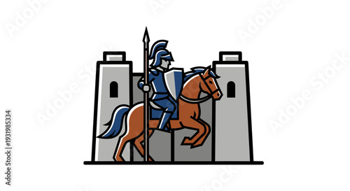 A knight in blue armor on horseback, spear raised, rides past two castle towers