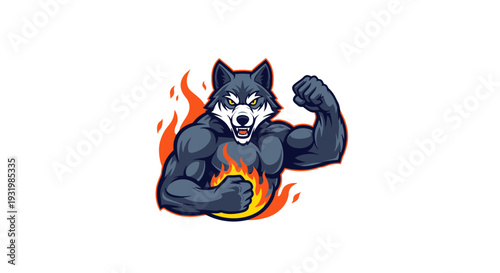 A muscular wolf with fire in its grip, roaring and flexing. Strong, fierce, and powerful