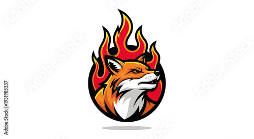 A fiery orange fox head emerges from a black circle with flames, on a white background