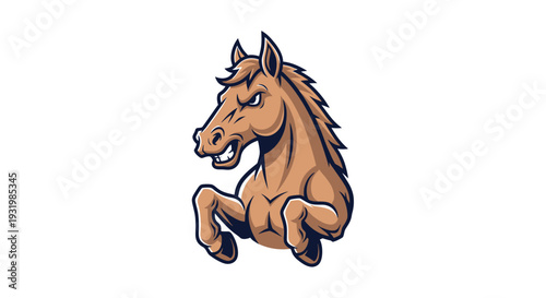 Brown cartoon horse rearing up in a defiant pose, with a stern facial expression