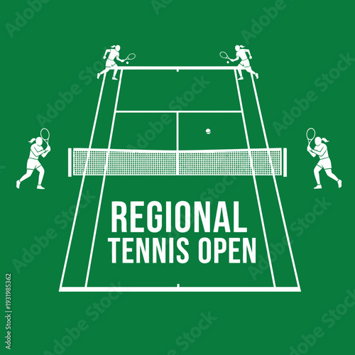 Dynamic Illustration of Regional Tennis Tournament Featuring Players in Motion, Green Background