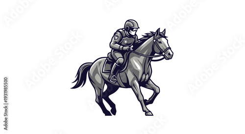 A detailed line drawing of a law enforcement officer riding a horse