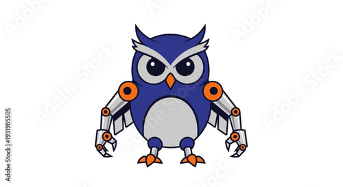 Illustration of a robotic owl with blue body, gray chest, orange details, and metallic limbs