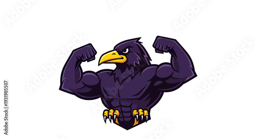 A muscular raven flexing its biceps, with a stern face. Solid color, isolated on white