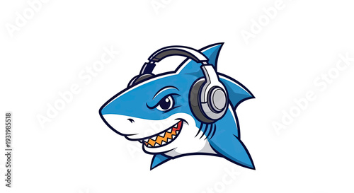 A cool cartoon shark wears headphones, with a toothy grin, on a white background
