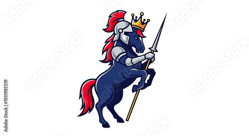 A rearing horse in armor and crown holding a spear, depicted as a mascot on white
