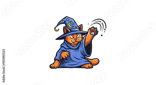 Orange cat wizard casts a spell, wearing a blue robe and starry hat. Magic swirls around its paw