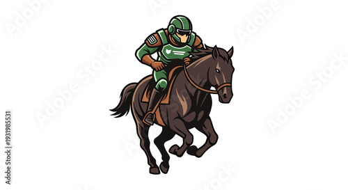 Cartoon illustration of a rider in green armor on a galloping brown horse, isolated on white