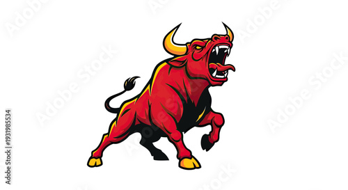 A vibrant, aggressive bull in a dynamic pose, red and yellow, open mouth, roaring, white background