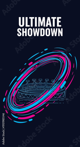 Dynamic Illustration of Ultimate Showdown Featuring a Futuristic Stadium and Swirling Energy
