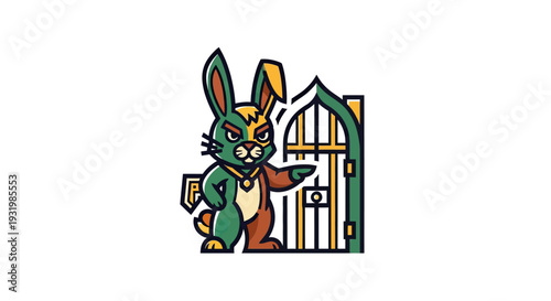 A rabbit mascot character with a fierce expression points towards a stylized gate