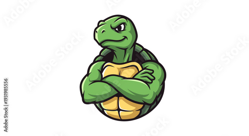 Strong green turtle cartoon with crossed arms, flexing muscles, on white
