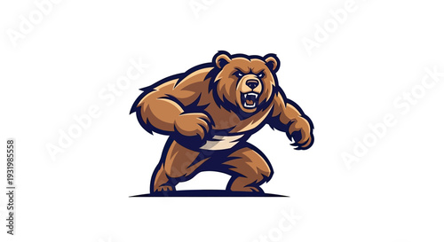 Stylized, menacing brown bear in attacking pose with fierce expression on white background