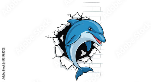 A cartoon dolphin breaks through a cracked brick wall with vibrant colors and a playful expression
