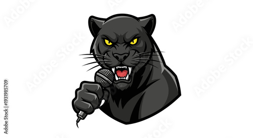 Cartoon black panther with microphone, roaring intensely. Bold design on white background
