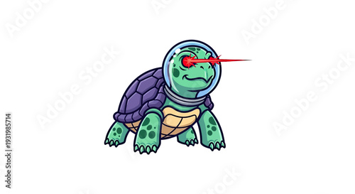 Cartoon turtle wearing a space helmet with glowing red laser eyes. A beam shoots out