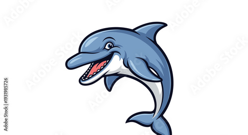 Smiling, cartoon-style depiction of a dolphin with blue skin and a white belly. A black outline