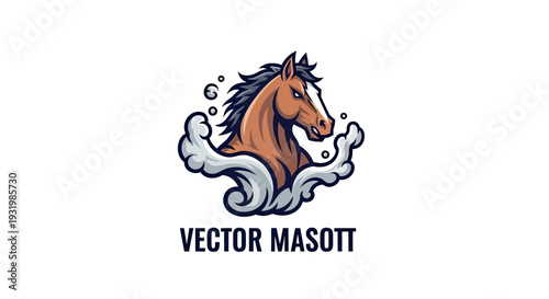 A stylized brown horse head emerges from vapor, vector text below on a white background