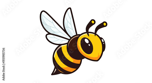 Stylized cartoon bee illustration featuring yellow and black stripes, with transparent wings