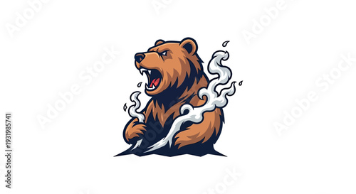 A fierce, brown bear graphic with white vapor, open mouth, aggressive expression