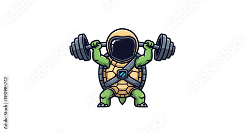 Cartoon turtle in a space suit lifting weights, illustrating strength