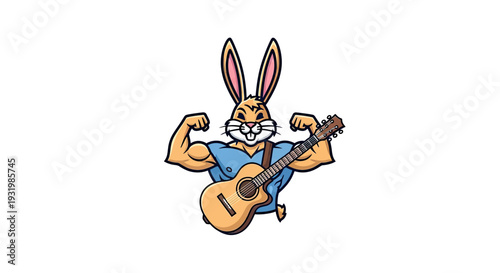 Cartoon-style muscular rabbit with guitar, flexing its biceps, on a white background