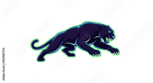 Vector illustration of a black panther, in attacking pose with green outline, isolated on white