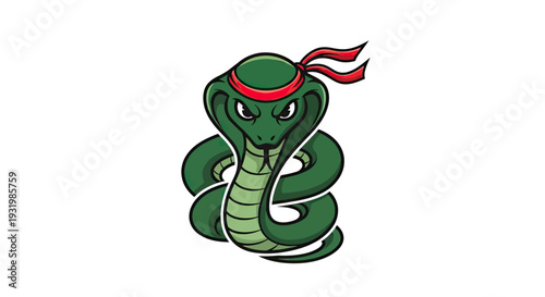 A stylized green cobra wearing a red headband, coiled, with a determined expression