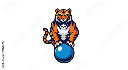 An illustrated tiger in orange and white, standing on a blue sphere, against a white background