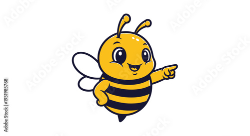 A cute cartoon bee with a cheerful expression points towards the right