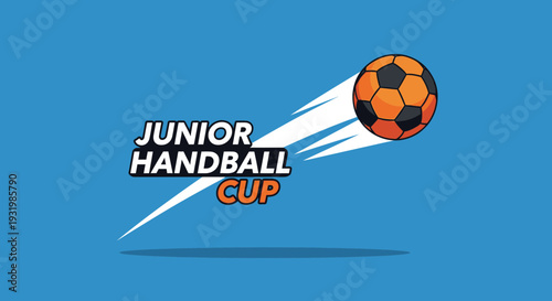 Dynamic Junior Handball Cup Illustration With a Flying Ball on a Vibrant Blue Background
