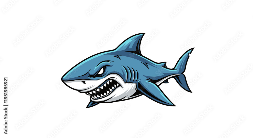 Obraz premium Fierce, stylized shark illustration with menacing expression. Shows teeth, dorsal fin, and tail
