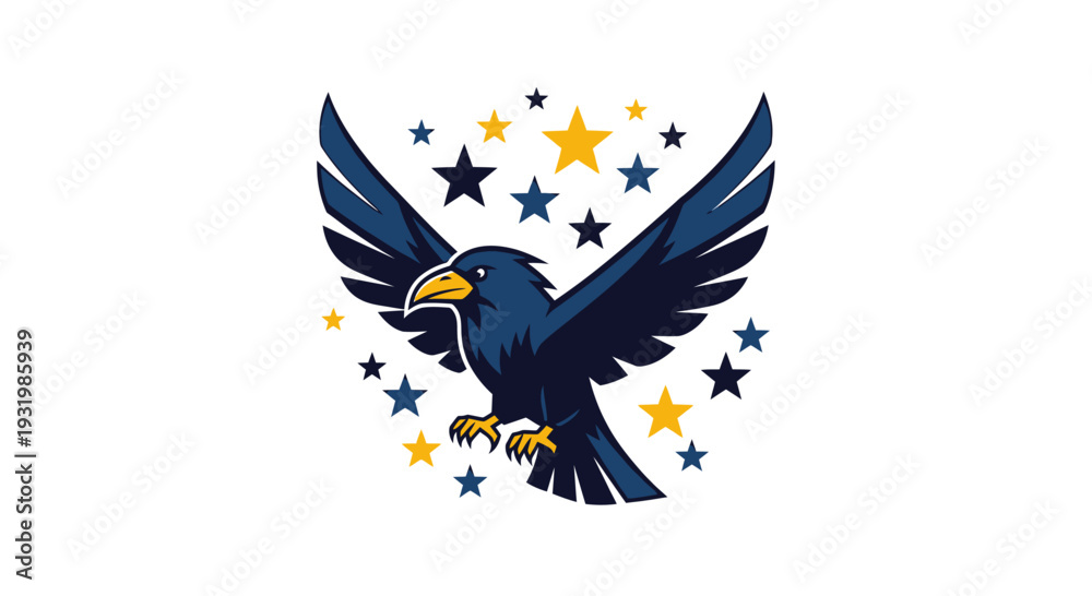 Fototapeta premium A stylized blue bird with spread wings, surrounded by stars in navy and yellow hues