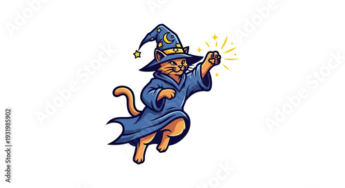 A cartoon cat wearing a wizard hat and robe, casting magic with yellow sparkles