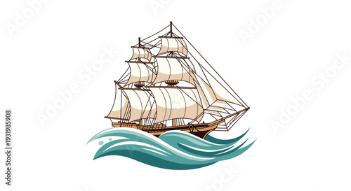 A traditional three-masted sailing ship with white sails is shown navigating stylized blue ocean waves on a white background.