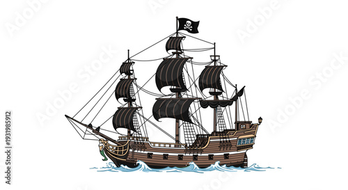 A detailed pirate ship with black sails and a Jolly Roger flag is depicted sailing on small blue waves against a white background.