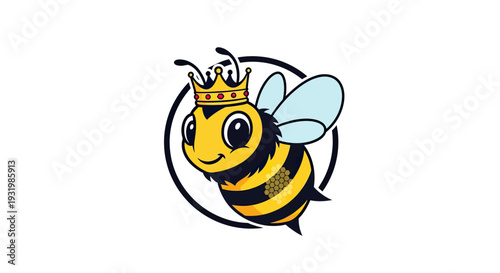 Smiling cartoon bee wearing a crown, inside a black circle, on a white background