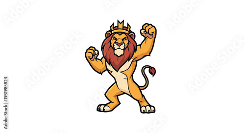 Cartoon lion wearing a crown stands aggressively, with raised paws, on a white background