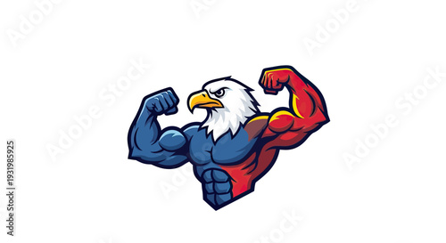 Cartoon eagle flexing biceps, colored in red, white and blue, on a white background