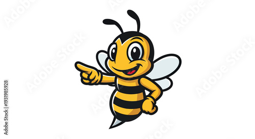 Cheerful, cartoon bee points with its index finger, smiling and showing black and yellow stripes