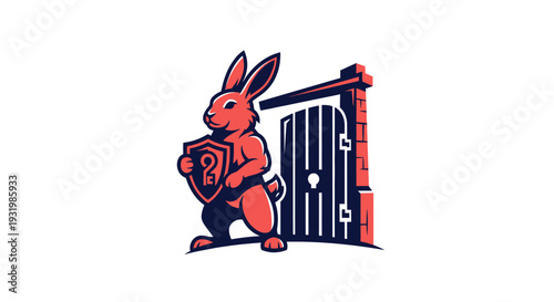 An illustration depicting a rabbit holding a shield with a key, guarding a gate