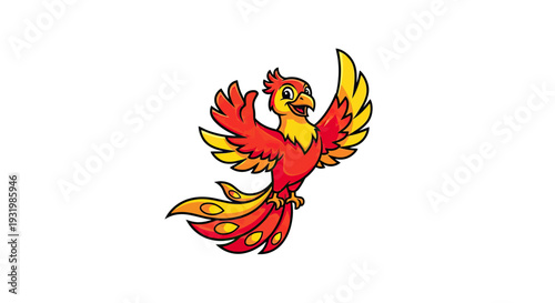 Vibrant cartoon phoenix with outstretched wings and a joyful expression, set against a white background