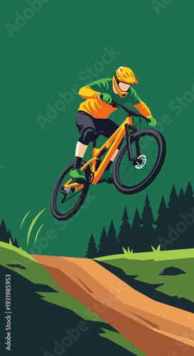 Dynamic Mountain Biker Soaring Through Air on Trail Against Verdant Backdrop Scene