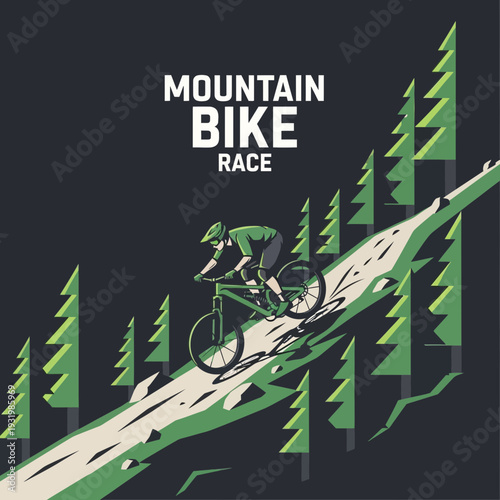 Dynamic Mountain Biking Competition: Intense Descent Amidst Towering Evergreens and Thrilling Speed